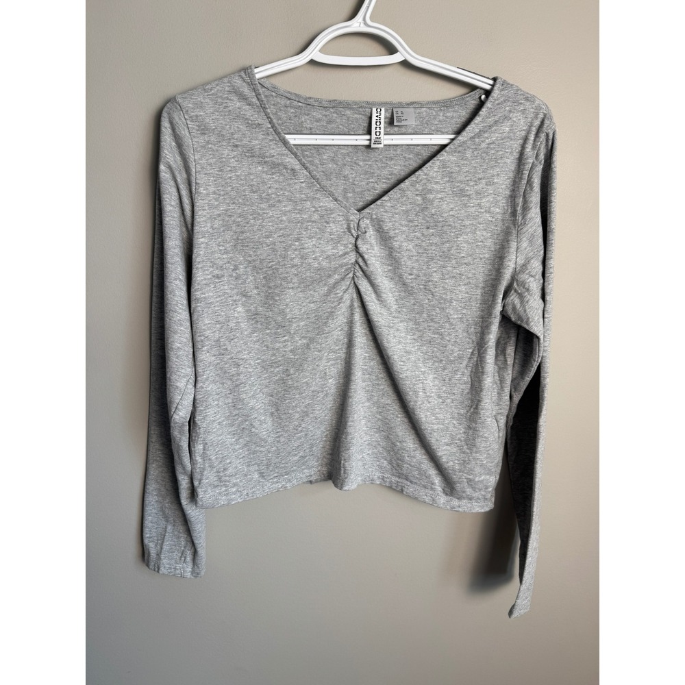H&M Divided Ruched V-Neck Long Sleeve Crop Top Grey XL Minimalist Basic Coquette